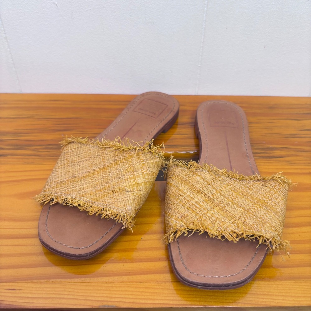 Dolce Vita Raffia Slides Sandals Frayed Edges Slip On Casual Mustard Size‎ 6